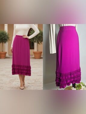 Unk Fuchsia Tiered Lace-Hem Midi Skirt